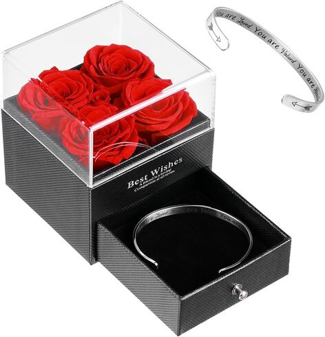 Preserved Red Rose Flowers Gift Box with Bonus Bracelet - Perfect Surprise Gift for Anniversaries, Birthdays - Ideal for Girlfriend, Mother in Saudi Arabia