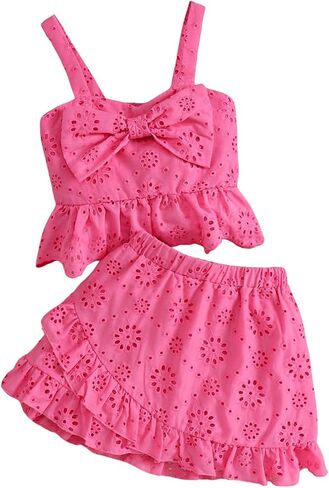 SHENHE Girl's Cute Short Sets 2 Piece Outfits Ruffle Pointelle Summer Sets Bow Knot Cami and Skirt in Saudi Arabia