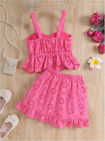 SHENHE Girl's Cute Short Sets 2 Piece Outfits Ruffle Pointelle Summer Sets Bow Knot Cami and Skirt in Saudi Arabia