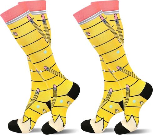 2 Pairs Pencil Socks for Men or Women, Funny Crazy Silly Knee High Socks Back to School Socks for Pencil Lover Teacher Students(S/M) in Saudi Arabia