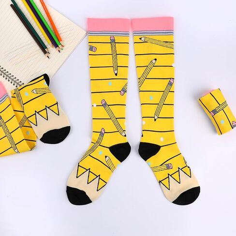 2 Pairs Pencil Socks for Men or Women, Funny Crazy Silly Knee High Socks Back to School Socks for Pencil Lover Teacher Students(S/M) in Saudi Arabia