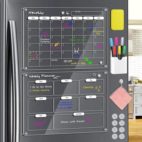 16x12 inch Magnetic Calendar for Fridge, 2 Pack Reusable Acrylic Fridge Calendar, Clear Dry Erase Board Monthly & Weekly Planning Board in Kuwait