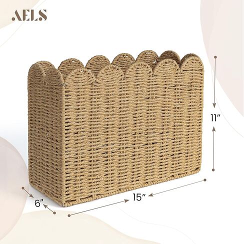 AELS Woven Natural Fibre Magazine Holder, Scalloped Edge Magazine Rack Floor, Hand-woven Magazine Organizer, Magazine Basket, Boho Modern Farmhouse Book Basket, File Newspaper Mail Holder for Office in Kuwait