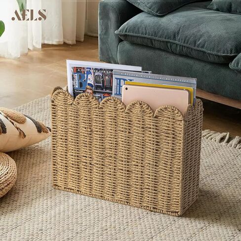 AELS Woven Natural Fibre Magazine Holder, Scalloped Edge Magazine Rack Floor, Hand-woven Magazine Organizer, Magazine Basket, Boho Modern Farmhouse Book Basket, File Newspaper Mail Holder for Office in Kuwait