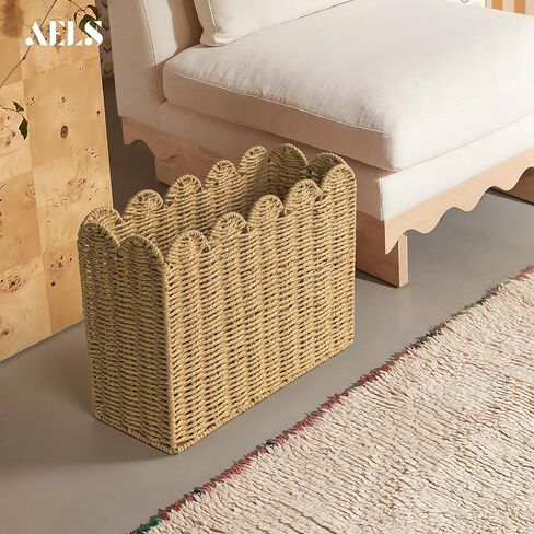 AELS Woven Natural Fibre Magazine Holder, Scalloped Edge Magazine Rack Floor, Hand-woven Magazine Organizer, Magazine Basket, Boho Modern Farmhouse Book Basket, File Newspaper Mail Holder for Office in Kuwait