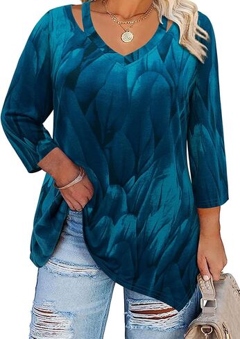 بلوزات Amrto للسيدات بمقاسات كبيرة ورقبة على شكل V وأكمام 3/4 بلوزات أنيقة غير رسمية للارتداء مع السراويل الضيقة in Kuwait