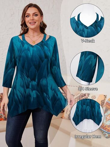 بلوزات Amrto للسيدات بمقاسات كبيرة ورقبة على شكل V وأكمام 3/4 بلوزات أنيقة غير رسمية للارتداء مع السراويل الضيقة in Kuwait
