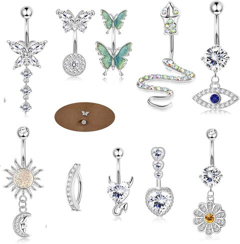 JeryWe 10 Pcs Belly Button Rings Clicker Belly Ring for Women 14G Belly Button Rings Dangling Snake Evil Eye Heart CZ Butterfly Flower Belly Rings Surgical Steel Navel Rings Body Piercing Jewelry in Saudi Arabia