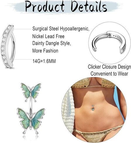 JeryWe 10 Pcs Belly Button Rings Clicker Belly Ring for Women 14G Belly Button Rings Dangling Snake Evil Eye Heart CZ Butterfly Flower Belly Rings Surgical Steel Navel Rings Body Piercing Jewelry in Saudi Arabia