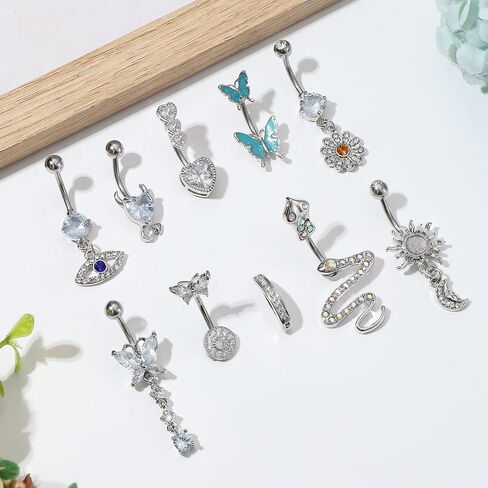 JeryWe 10 Pcs Belly Button Rings Clicker Belly Ring for Women 14G Belly Button Rings Dangling Snake Evil Eye Heart CZ Butterfly Flower Belly Rings Surgical Steel Navel Rings Body Piercing Jewelry in Saudi Arabia
