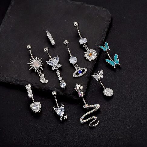 JeryWe 10 Pcs Belly Button Rings Clicker Belly Ring for Women 14G Belly Button Rings Dangling Snake Evil Eye Heart CZ Butterfly Flower Belly Rings Surgical Steel Navel Rings Body Piercing Jewelry in Saudi Arabia