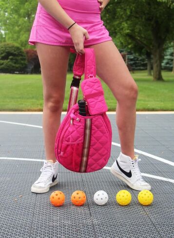 Jillian Bounce Berry Pink Striped 12 x 16 Inch Quilted Nylon Womens Pickleball Sport Sling Bag in Saudi Arabia