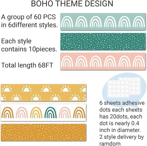 68 Ft Boho Bulletin Board Borders Boho Rainbow Border Trims Retro Groovy Classroom Decorations Boho Polk Dot Border for Boho Classroom Pastel Smile Hippe Preppy Checkered Classroom Decor(Cute Boho) in Kuwait