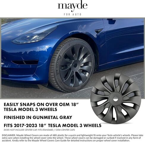 أغطية عجلات Mayde مقاس 18 بوصة تناسب إطارات 2017-2023 Tesla Model 3، أغطية محور بديلة (قطعة واحدة، أسود غير لامع) in Kuwait
