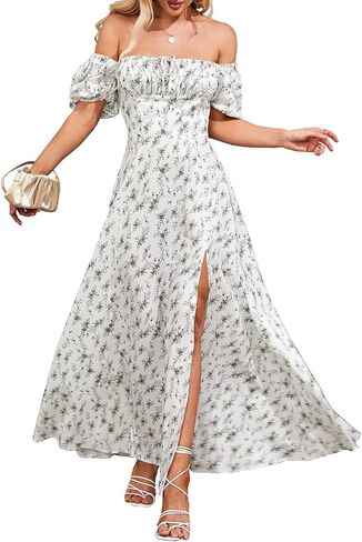 Women's Summer Puff Sleeve Floral Split Maxi Dress Flowy A Line Casual Beach Long Dresses 2024 in Saudi Arabia