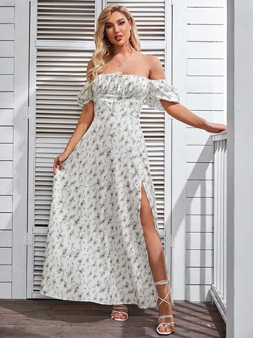 Women's Summer Puff Sleeve Floral Split Maxi Dress Flowy A Line Casual Beach Long Dresses 2024 in Saudi Arabia