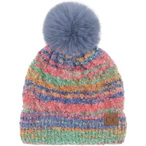 C.C Multi Color Space Dye Wool Stretchable Soft Warm Pom Beanie with Faux Fur Pom Knit Winter Skully Hat.