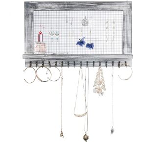 Rustic Wood Jewelry Organizer Wooden Wall Mounted Jewelry Holder with Shelf and 16 Hooks,Display for Earrings, Necklaces, Bracelets (Grey White)