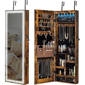 Tektalk Jewelry Cabinet with 3 Groove Mirror Lamps, Full Length Mirror, Wall / Door Mounted Jewelry Armoire Organizer with 3 Color Outside LED Lights & Interior 6 LEDs Light - Brown in Kuwait