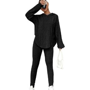 WDIRARA Women's 2 Piece Ribbed Outfit Asymmetrical Split Hem Long Sleeve Hoodie and Leggings Set
