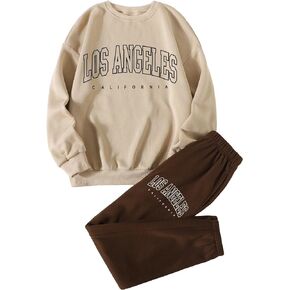 WDIRARA Women's Plus Size 2 Piece Outfits Letter Graphic Print Long Sleeve Thermal Sweatshirt and Sweatpants Set