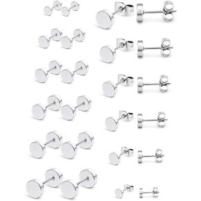 Ftovosyo 12 Pairs Black Stud Earrings for Men Stainless Steel Round Disc Faux Gauges Ear Studs for Women Girls 3mm-8mm