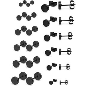 Ftovosyo 12 Pairs Black Stud Earrings for Men Stainless Steel Round Disc Faux Gauges Ear Studs for Women Girls 3mm-8mm