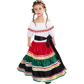 Girl's Mexican Folk Style Classic Long Dress Halloween Costume Children Traditional Off Shoulder Fold Dance Dresses