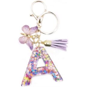 Letter A-Z Keychain Purple Tassel Butterfly Key Ring for Women Girls Backpack Handbags Pendant