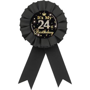 It's My 24th Birthday Tinplate Badge Pin, Gold Diamond Happy 24th Birthday Button Pin, 24 & Fabulous Birthday Black Rosette Award Ribbon Pin for Women, Brooch Buttons for Twenty Four Years Old