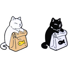 Cute Cat with Dried Fish Shopping Bag Enamel Brooch Pins Cartoon Cat Pin Set Lapel Pins Accessory for Backpacks Hats Bags for Gift
