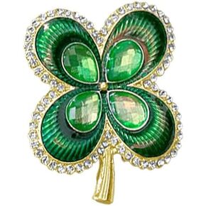 Minimalist Four Leaf Clover Rhinestones Green Enamel St Patrick's Day Brooch Lapel Pins for Women Girls Elegant Vintage Crystal Flower Shamrock Brooches Lucky Banquet Decor Dress Clothes Accessories Holiday Jewelry Gift 40mm