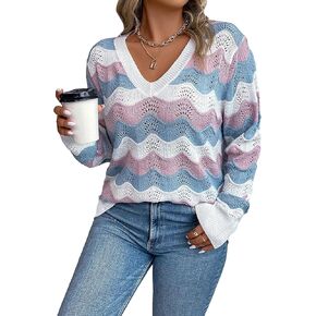 MakeMeChic Women's Plus Size Chevron Pattern Long Sleeve Sweater V Neck Casual Lightweight Fall Tops