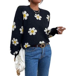 Mywinway Daisy Knit Sweater for Women Flower Fall Winter Long Sleeve Round Neck Lightweight Pullover Sweater Tops