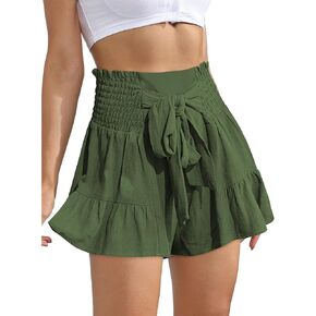 PDLCVD High Waisted Wide Leg Shorts for Women Elastic Waist Shorts Women Ruffle Shorts with Bow Tie in Kuwait