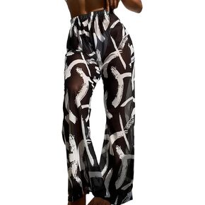 GORGLITTER Women's Printed Sheer Mesh Cover Up Pants Chiffon High Waisted Beach Pants Swimwear