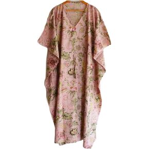 Beautiful Leaf Print Caftan, Flower Block Print Sleepwear Maxi Kimono Robe Cotton Handmade Kaftan Dress Long Caftan, Dress Beach Cover up