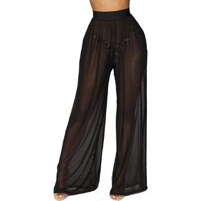 Women Sexy See Through Sheer Mesh Loose Bottoms, Swimsuit Bikini Cover Up, High Waist Wide Leg Pant (C Black, M)