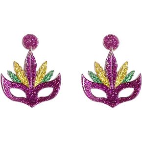Acrylic Mardi Gras Mask Dangle Earrings for Women Girls Hypoallergenic Purple Green Feather Fat Tuesday Carnival Statement Drop Dangling Stud Lightweight Cute Boho Holiday Party Jewelry Gifts