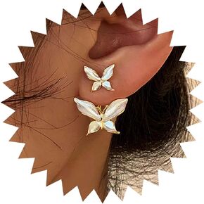 Aneneiceera Vintage Acrylic Butterfly Ear Jacket Earrings White Butterfly Stud Earrings Double Butterfly Floating Earrings Handmade Butterfly Earrings Jewelry for Women and Girls