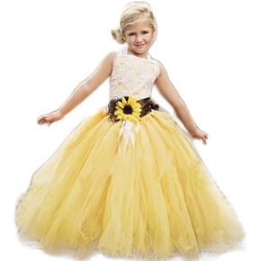 LRFDRESS Summer Yellow Tutu Tulle with Sunflower Belt Flower Girl Dress for Wedding Party Kids Prom Dress…