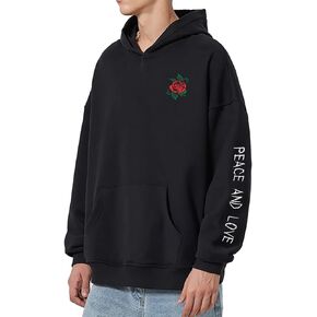 GROWSUNER Unisex Rose Flower Embroidered Hoodie Letter Graphic Printed Fleece Pullover Hooded Sweatshirt