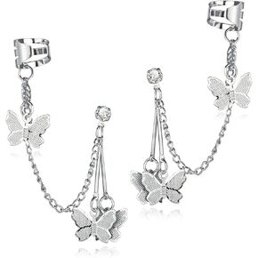 ANDPAI Long Silver Butterfly Cuff Chain Dangle Drop Earrings for Women Girls Statement Ear Cuff Draping Chain Stud Earrings