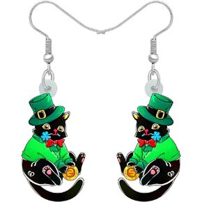 Acrylic St. Patrick's Day Green Hat Cat Earrings Kitten Dangle Jewelry Clover Cat Gifts for Cat Lovers Women Girls