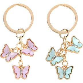 Bewudy 2Pcs Butterfly Keyrings For Women, Cute Keychain Girly Crystal Butterfly Keyring For Girls, Metal Key Ring Small Gift for Key Bag Purse Accessories