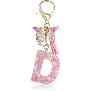 Fmeida Initial Letter Keychains for Women Cute Pink Keychain with Tassel& Butterfly