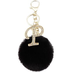 Unpafcxddyig Pom Pom Keychain Artificial Fur Ball Black Rhinestone Alphabet Letter Key Rings for Car Charm Tote Pendant