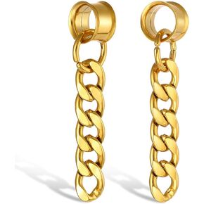 2PCS Link Chian Dangle Plugs Guages for Ear, Hypoallergenic 316 Stainless Steel Ear Dangles Plugs Tunels Gauuges for Stretched Ears 8mm-25mm (0G-1") Body Piercing Jewelry for Women Men