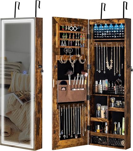 Tektalk Jewelry Cabinet with 3 Groove Mirror Lamps, Full Length Mirror, Wall / Door Mounted Jewelry Armoire Organizer with 3 Color Outside LED Lights & Interior 6 LEDs Light - Brown in Kuwait