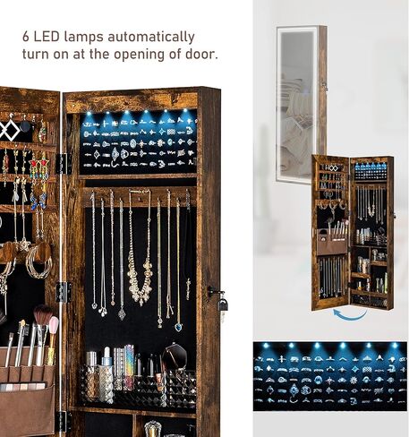 Tektalk Jewelry Cabinet with 3 Groove Mirror Lamps, Full Length Mirror, Wall / Door Mounted Jewelry Armoire Organizer with 3 Color Outside LED Lights & Interior 6 LEDs Light - Brown in Kuwait